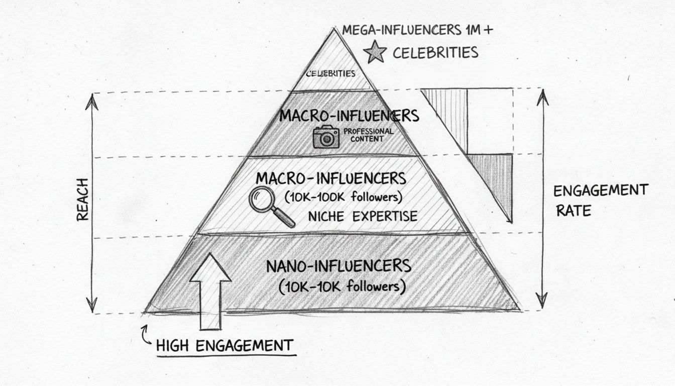 Pirámide de niveles de influencers mostrando nano, micro, macro y megainfluencers con características de engagement y alcance