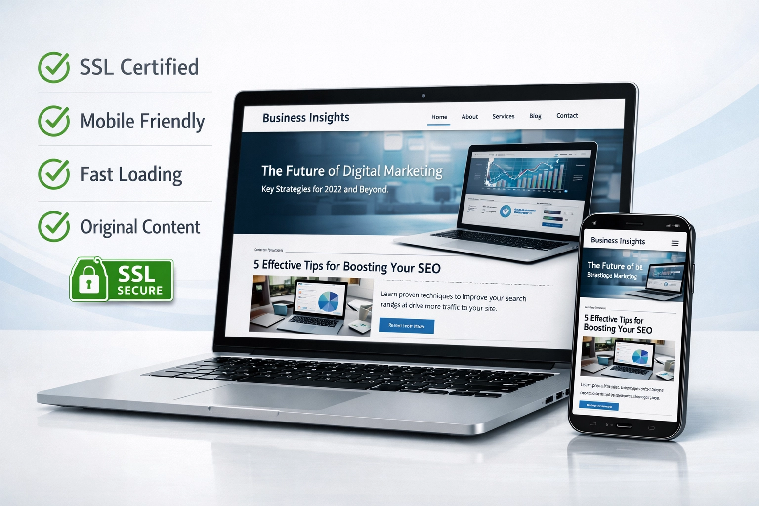 Verificación de calidad de sitio web mostrando sello SSL, adaptación móvil e indicadores de calidad de contenido