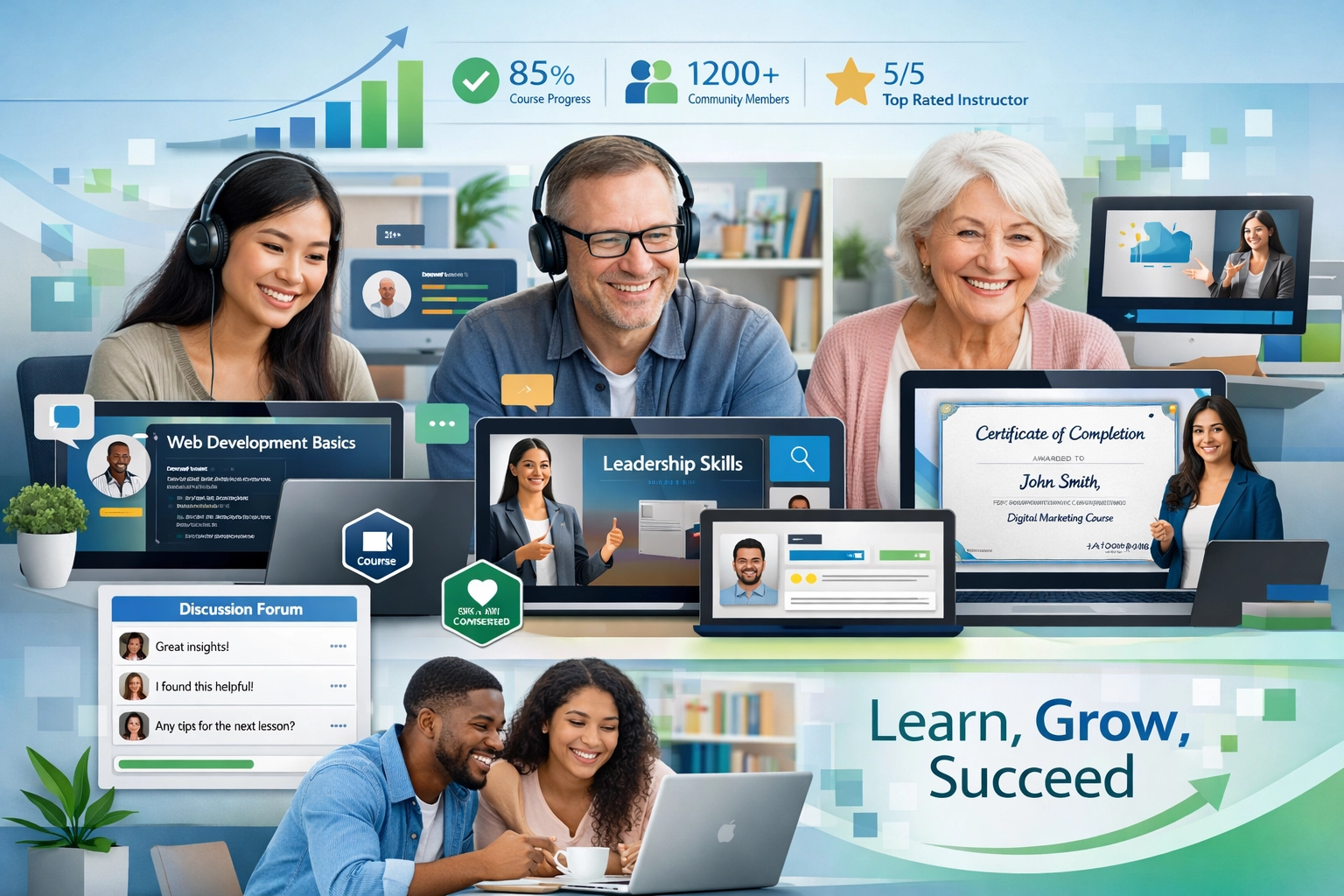 Plataforma moderna de educación online mostrando estudiantes diversos y contenido de cursos