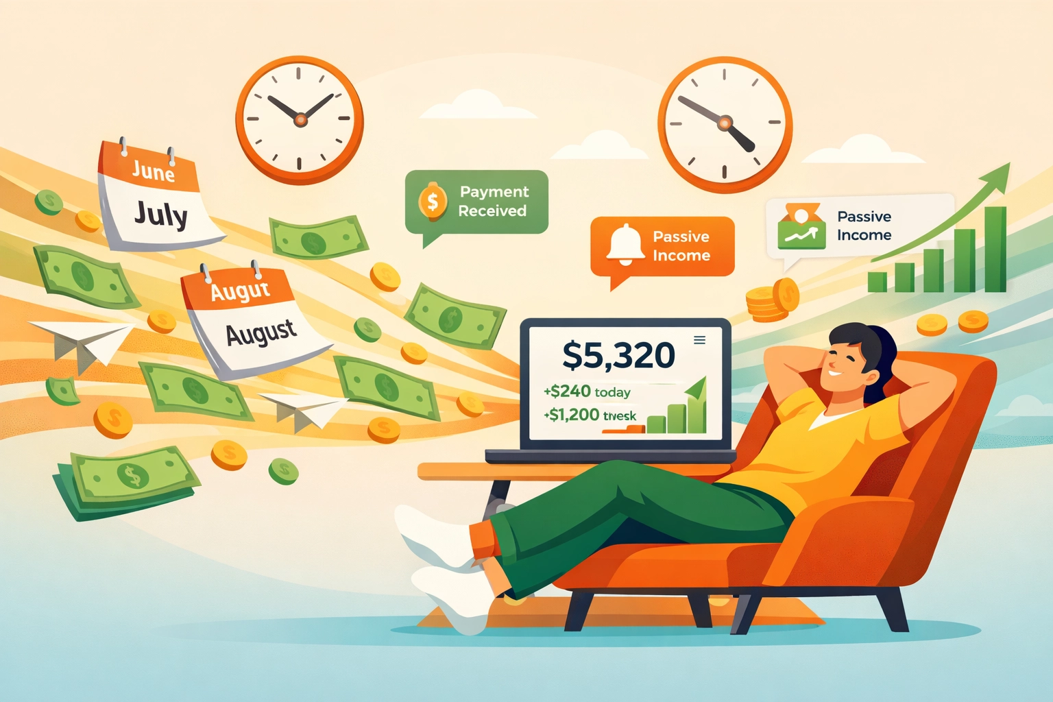 Persona relajándose mientras recibe ingresos pasivos de múltiples fuentes