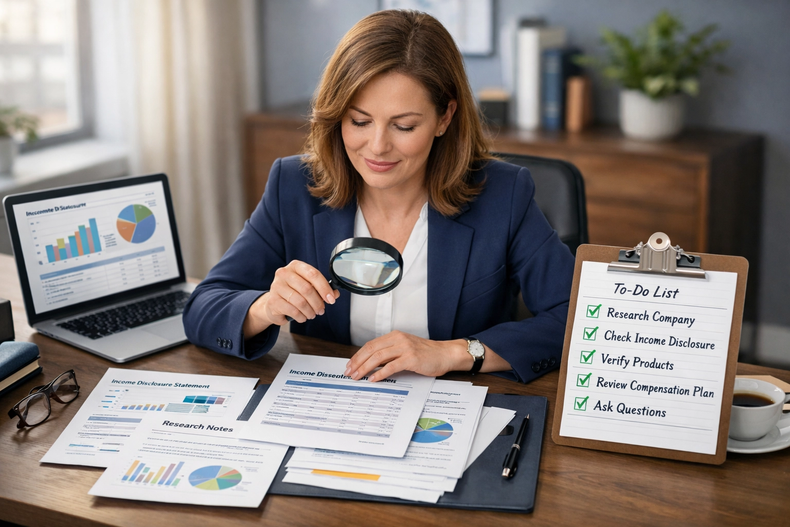 Persona de negocios evaluando e investigando una oportunidad de negocio con documentos y lista de verificación
