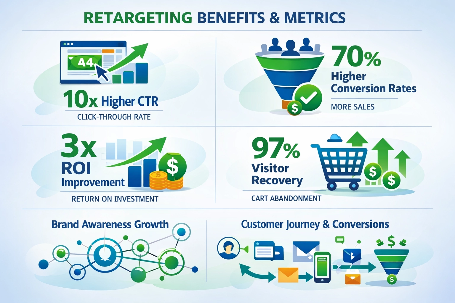 Infographic showing retargeting benefits and metrics including conversion rates and ROI