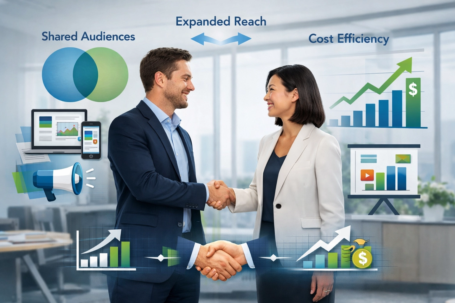 Visualización de una alianza de co-marketing mostrando audiencias compartidas y alcance ampliado