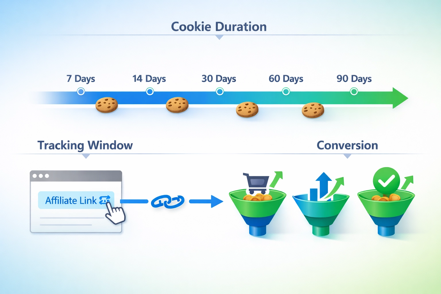 Línea de tiempo de seguimiento de cookies en marketing de afiliados mostrando ventanas de conversión