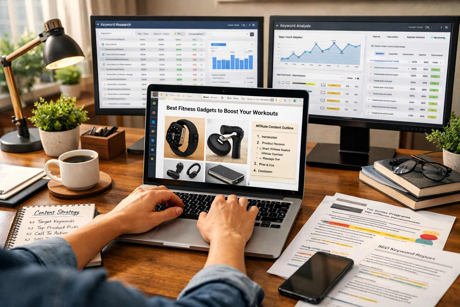 Creador de contenido trabajando en post de blog de marketing de afiliados con investigación de palabras clave y análisis de productos