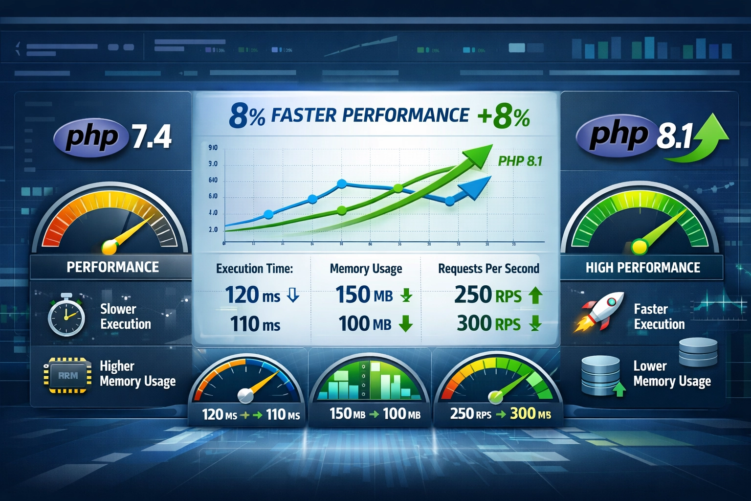 Visualización comparativa de rendimiento mostrando métricas de velocidad PHP 8.1 vs PHP 7.4