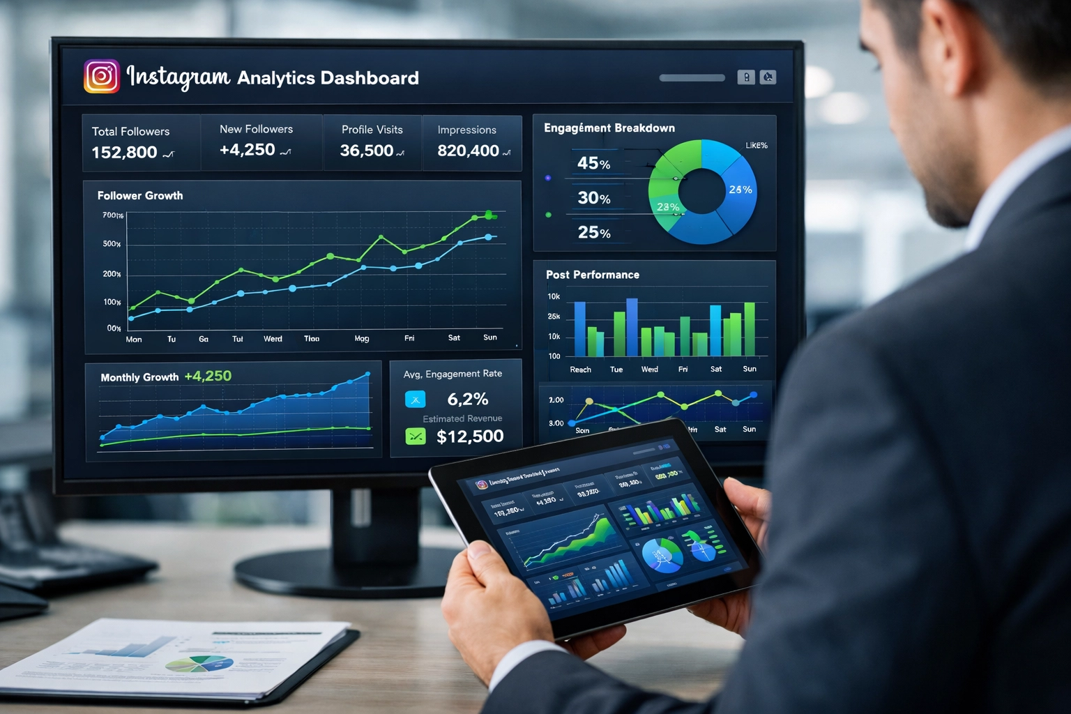 Panel de análisis de Instagram mostrando métricas de engagement y seguimiento de rendimiento
