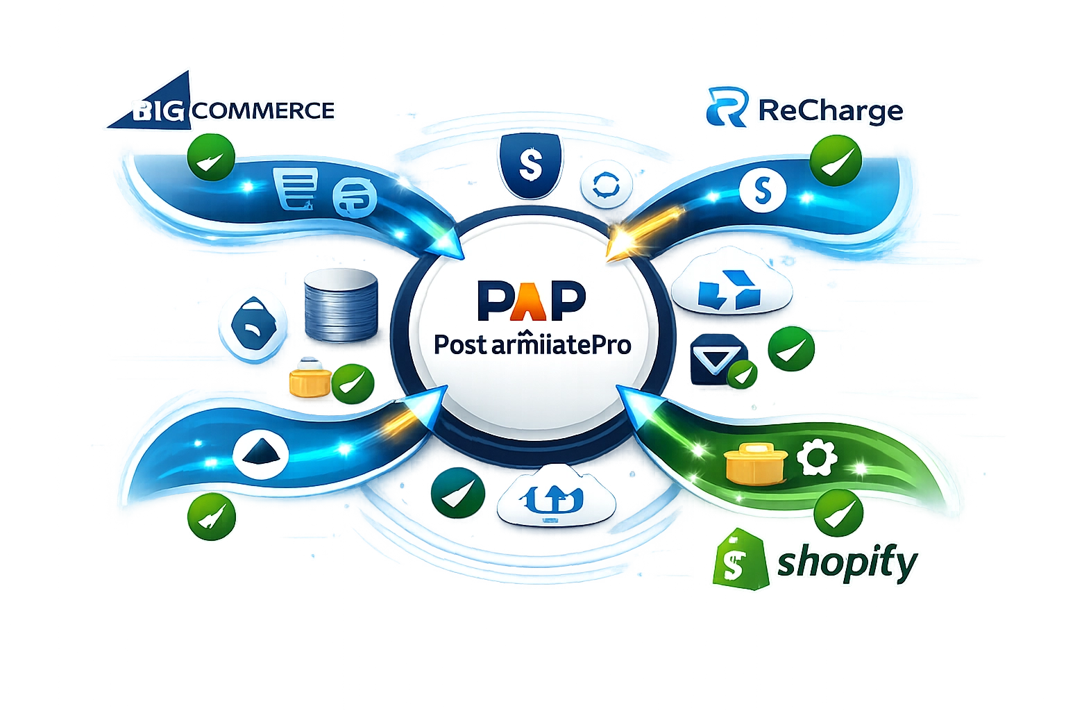 Ecosistema de integración mostrando BigCommerce, ReCharge y Shopify conectados a PostAffiliatePro