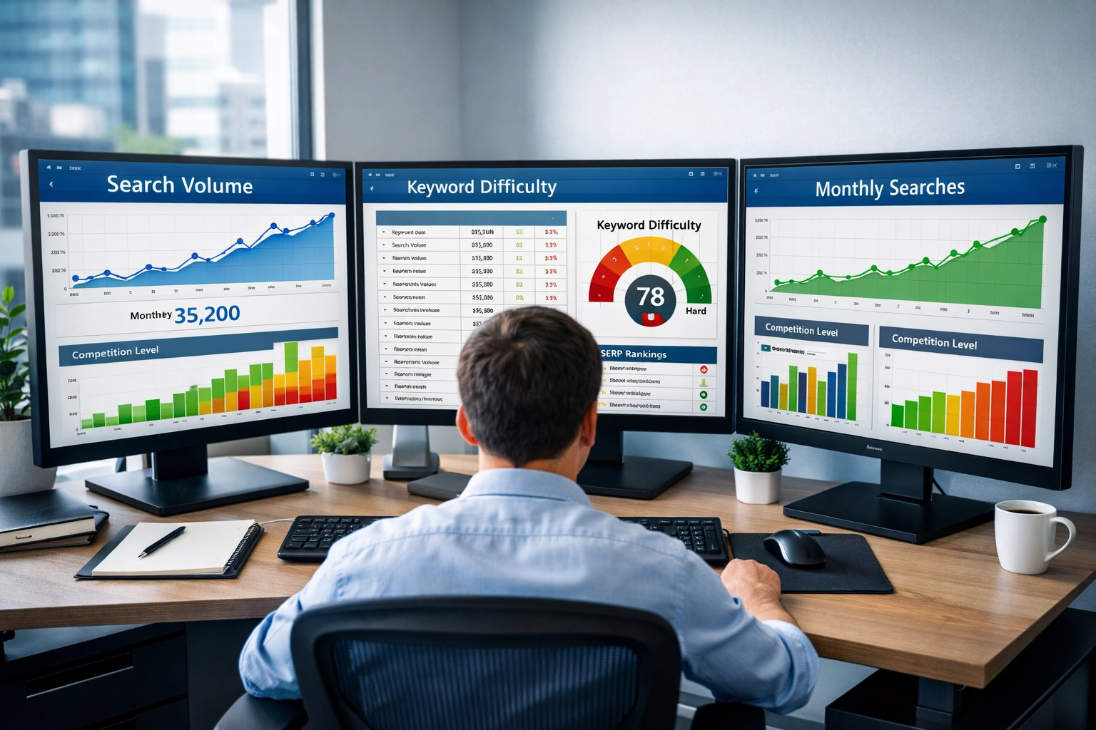 Professional workspace showing keyword research analysis with multiple monitors displaying analytics dashboards and search data