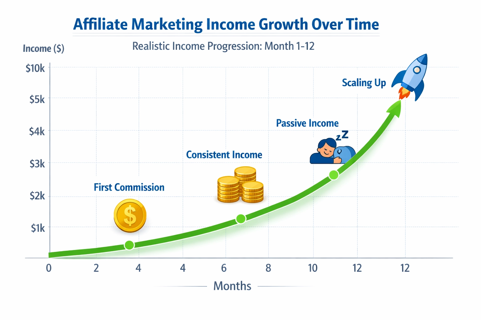 Affiliate Marketing Income Growth Over Time - Realistic Income Progression Month 1-12