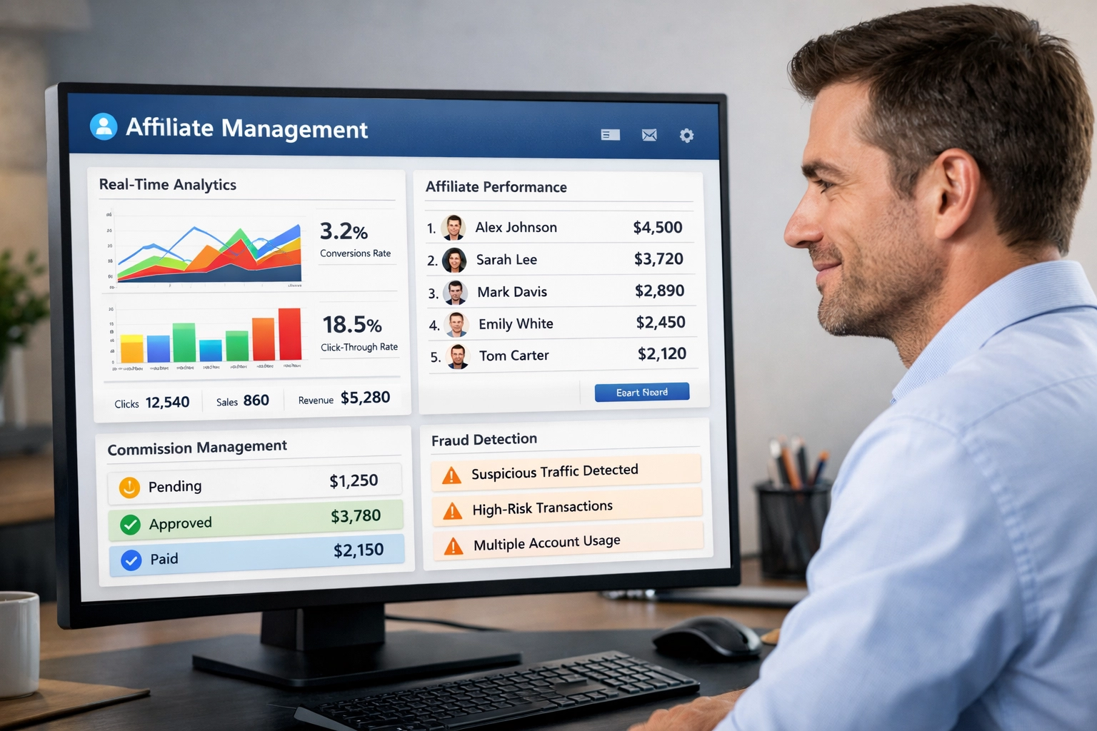 Affiliate management software dashboard showing analytics, performance metrics, and fraud detection