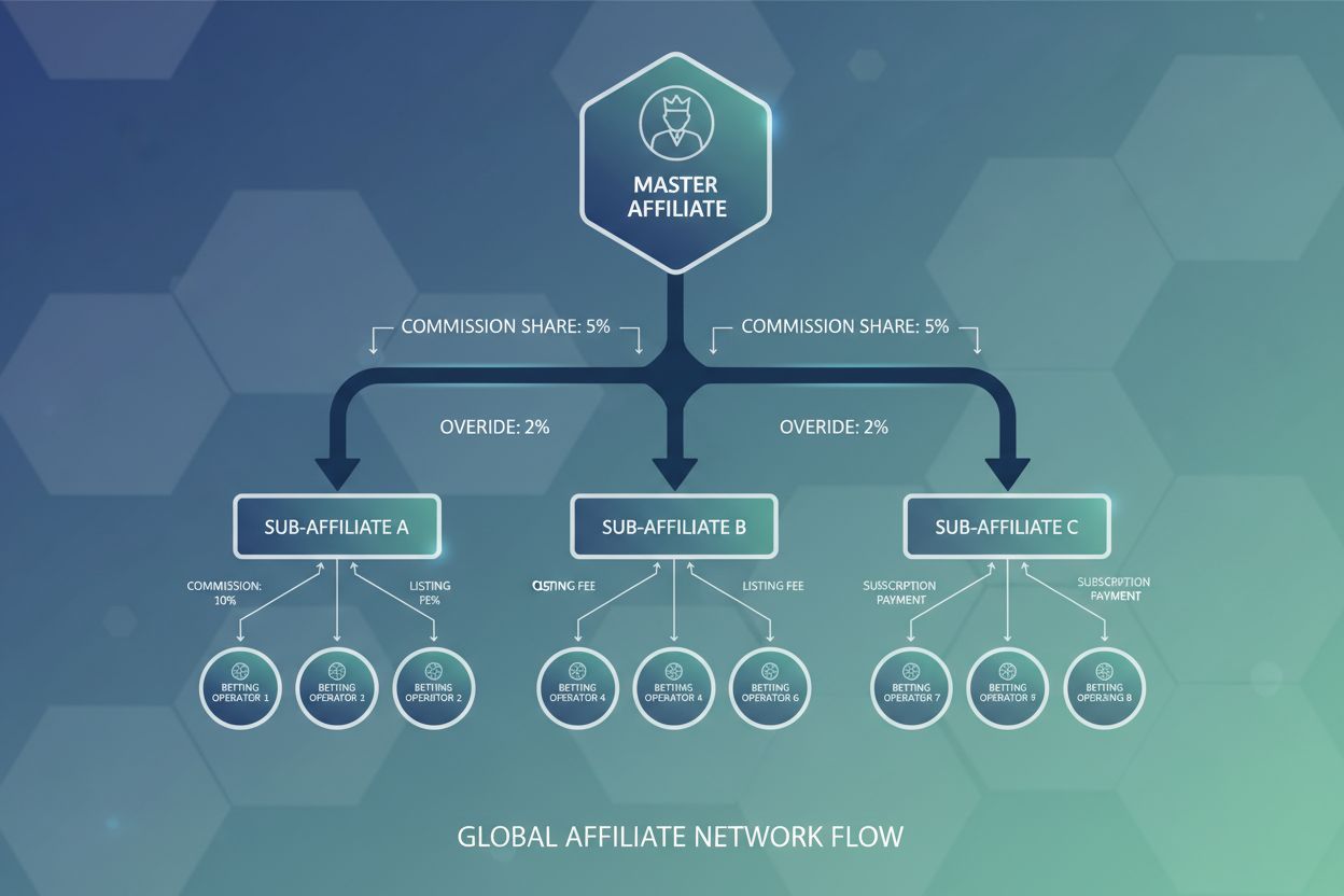 Sub-affiliation network structure showing master affiliate with multiple sub-affiliates and commission flows