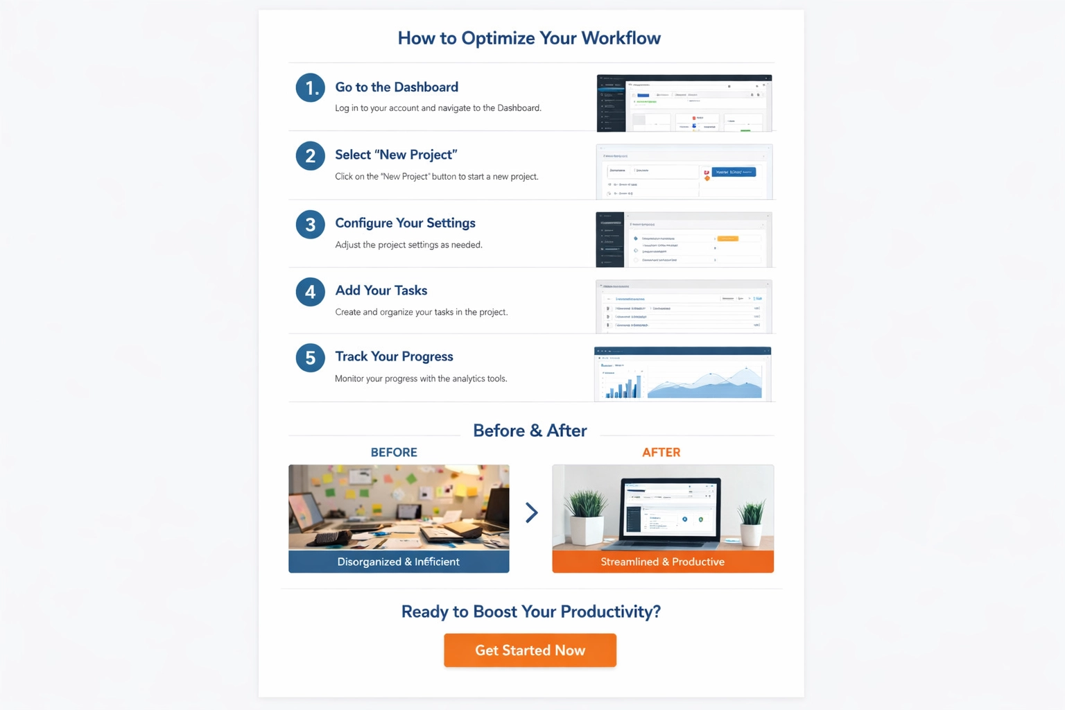 Professional tutorial webpage layout showing numbered steps with CTAs