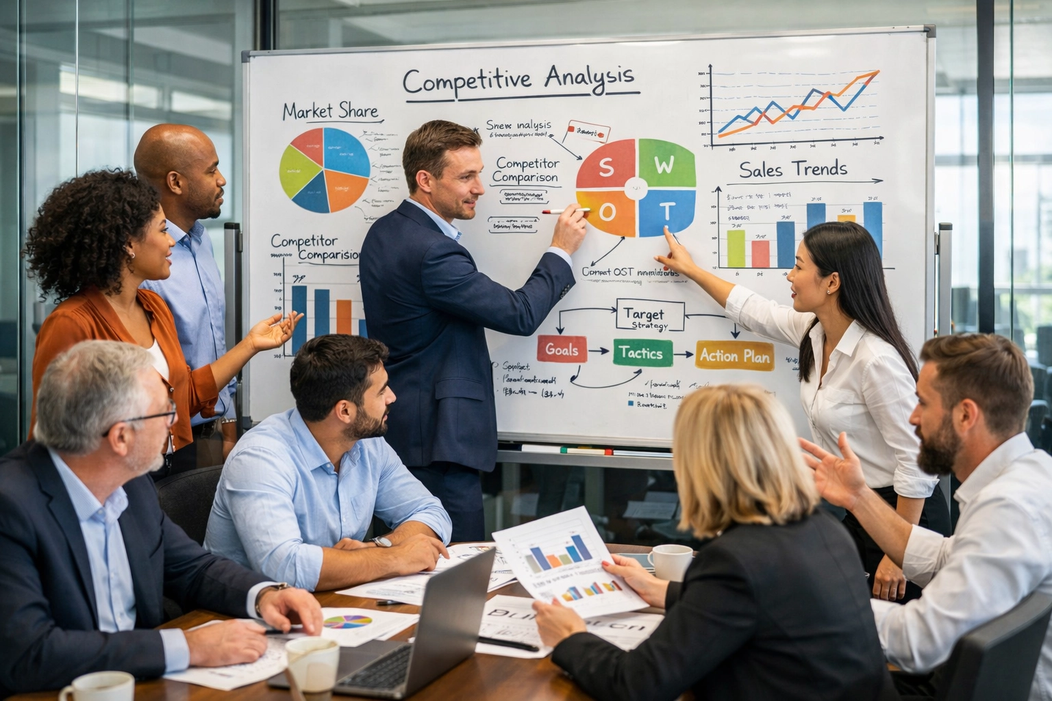 Colaboración de equipo en estrategia y análisis competitivo