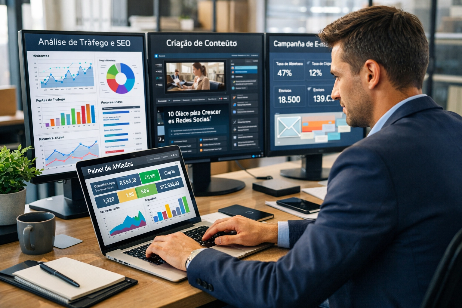 Especialista digital trabajando en la estrategia de marketing de afiliados con múltiples paneles de análisis
