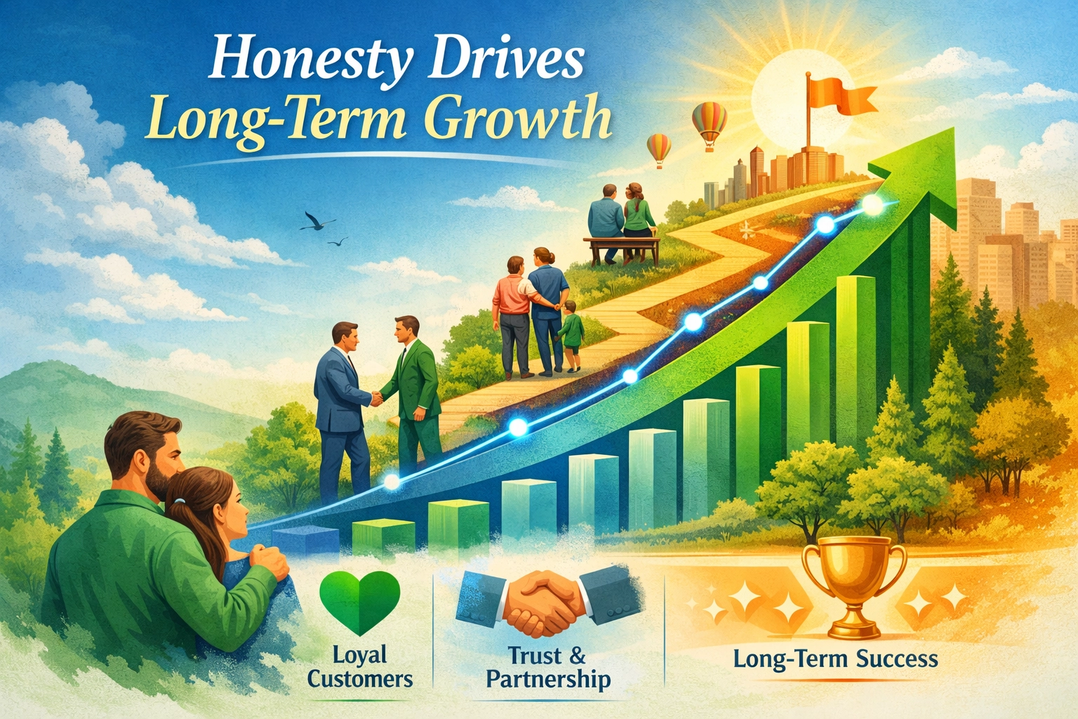 La honestidad impulsa el crecimiento a largo plazo - Visualización de una trayectoria de crecimiento con gráfico ascendente