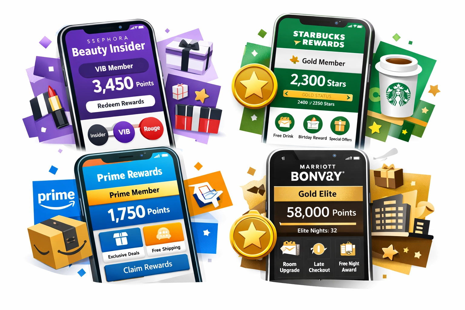 Collage de logotipos e interfaces de programas de fidelización famosos como Sephora, Starbucks, Amazon Prime y Marriott