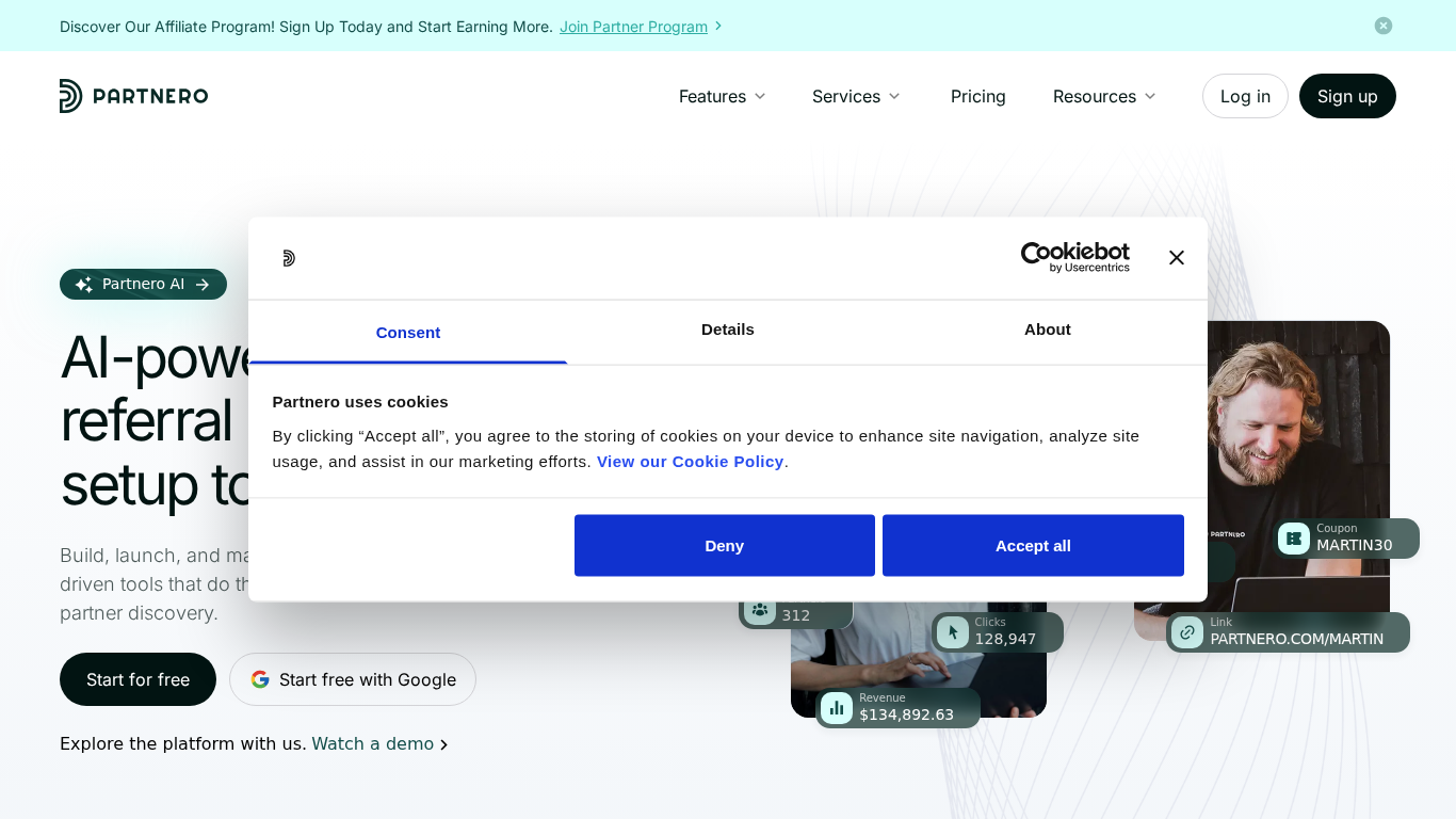 Partnero affiliate management platform homepage
