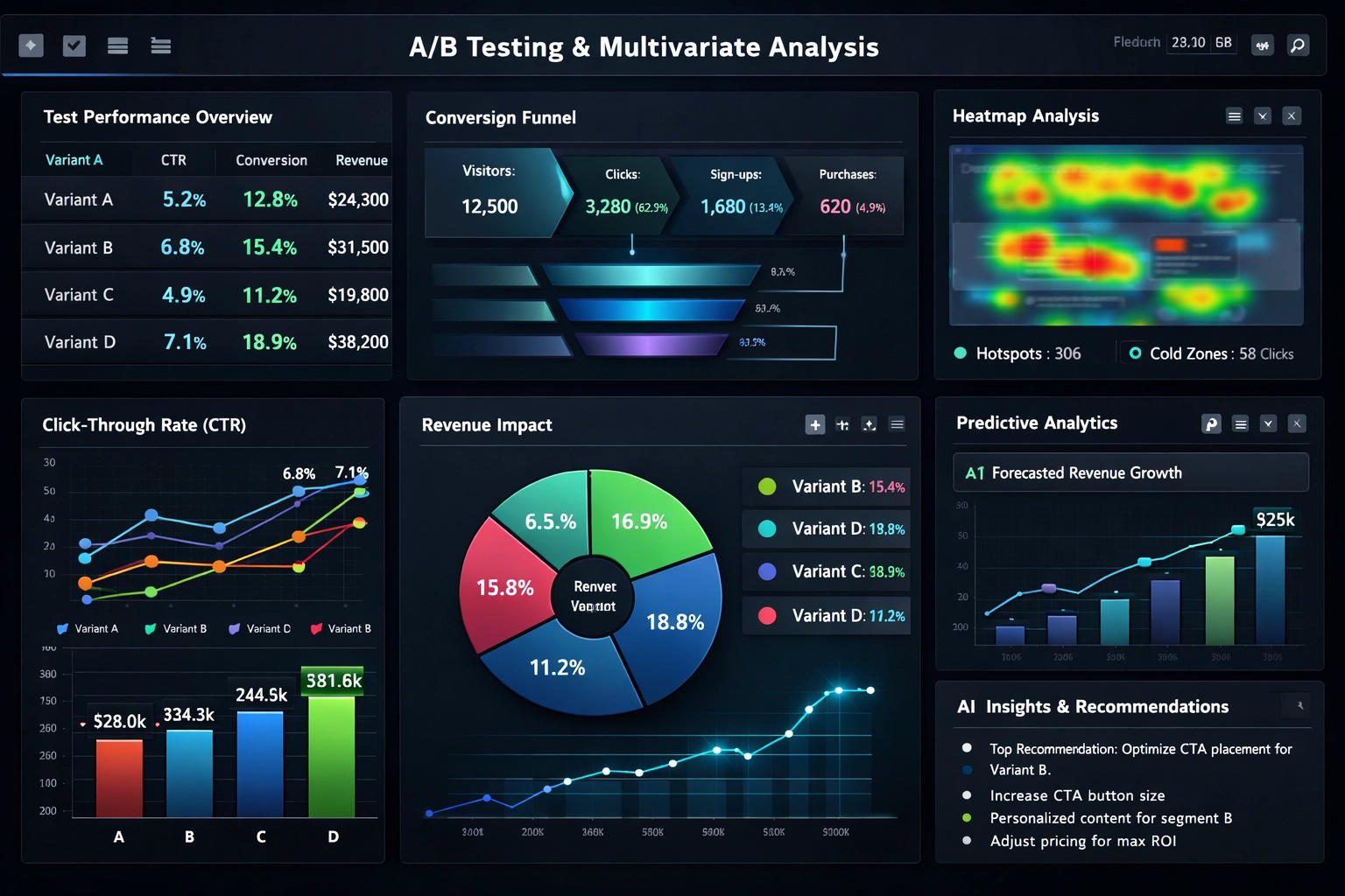 Advanced analytics dashboard showing A/B testing metrics, multivariate testing results, and machine learning insights