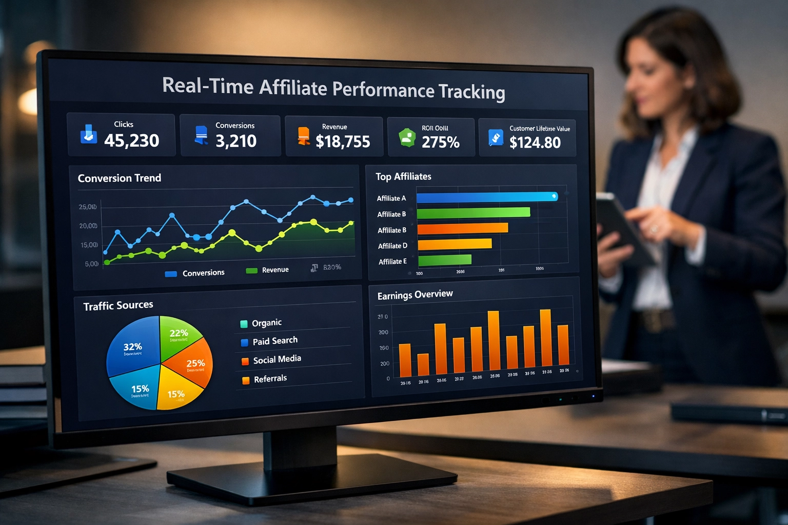 Real-time affiliate performance tracking dashboard with analytics and metrics