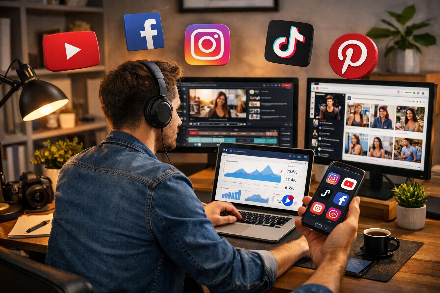 Creador de contenido gestionando múltiples plataformas sociales para marketing de afiliados