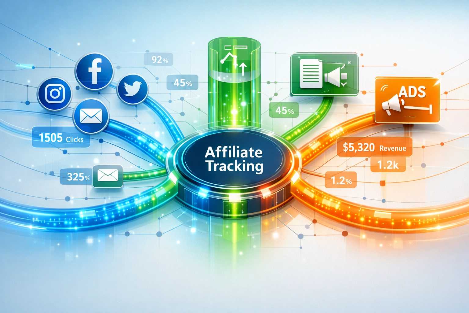 Visualización de red de rastreo de enlaces de afiliados mostrando flujos de datos interconectados