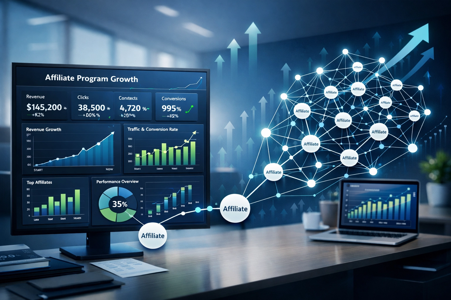 Visualización de crecimiento empresarial que muestra la expansión y escalado de un programa de afiliados con panel de análisis