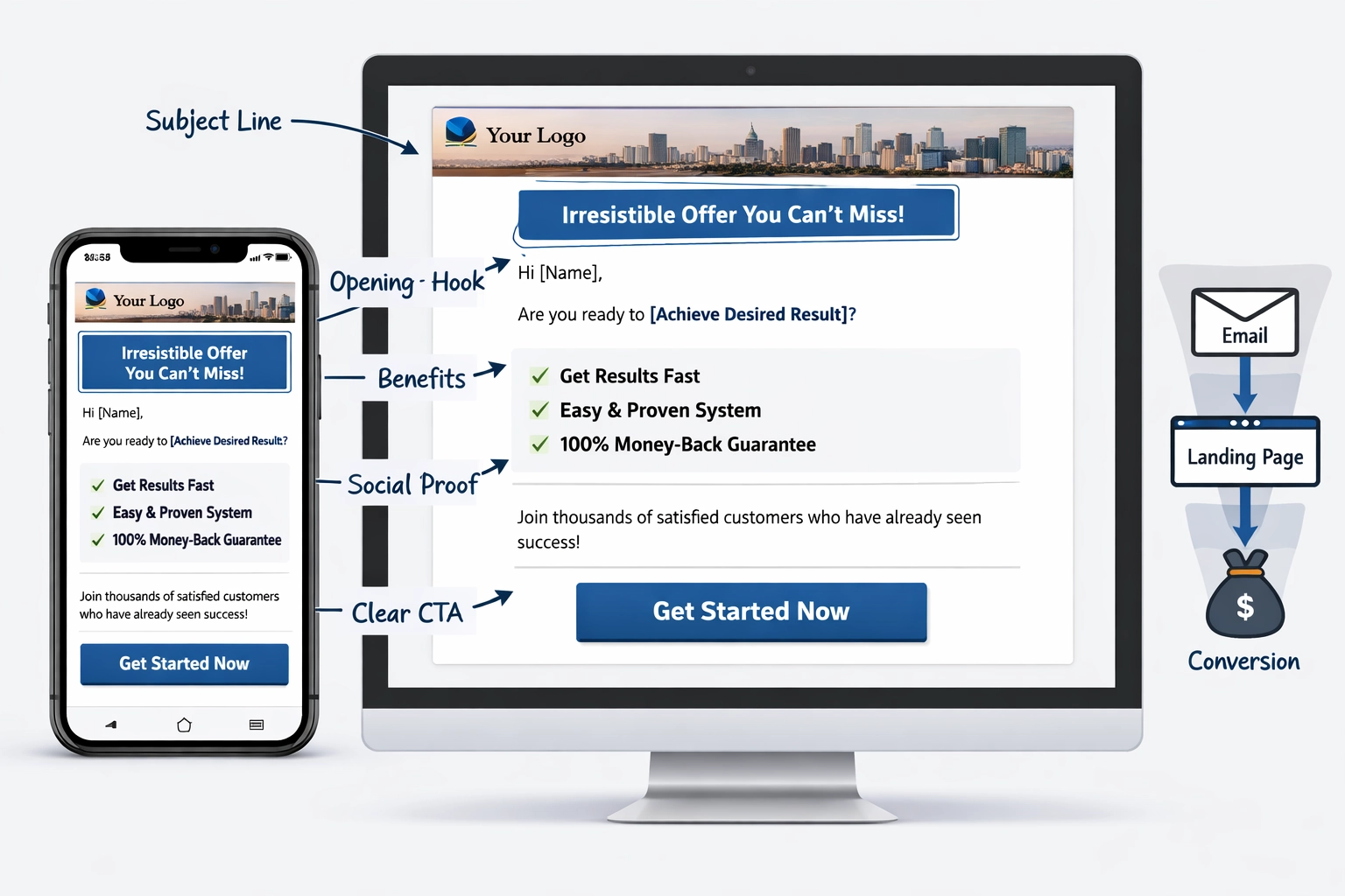 Mockup de plantilla de email mostrando buenas prácticas de copywriting para solo ads