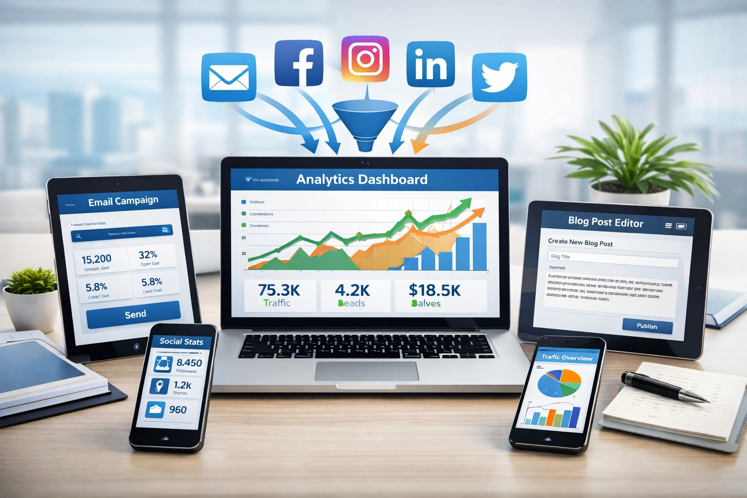 Panel de marketing digital mostrando múltiples fuentes y canales de tráfico con análisis