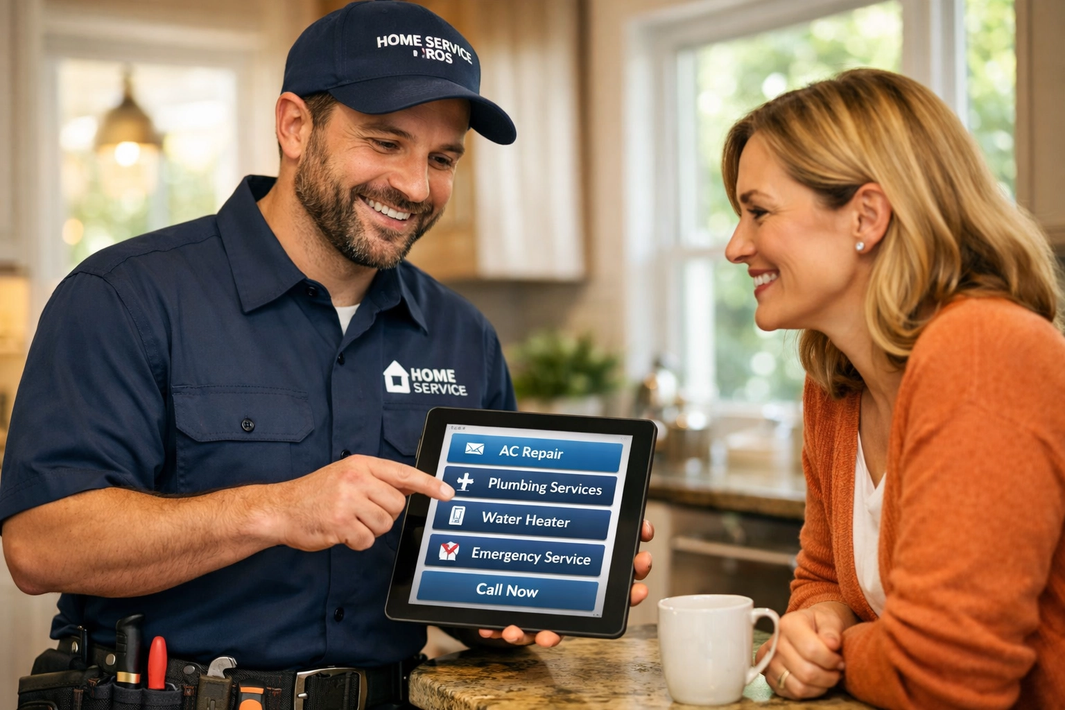 Técnico profesional de servicios para el hogar trabajando con un cliente, demostrando el trato personal del modelo de pago por llamada