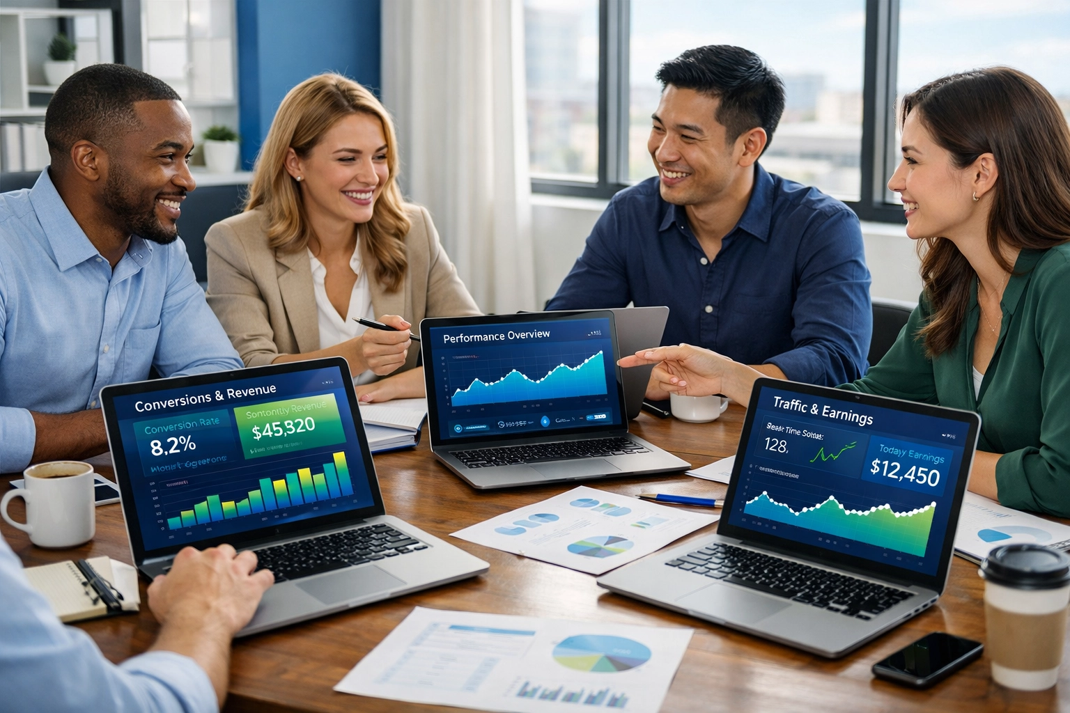 Equipo profesional colaborando en la estrategia de marketing de afiliados