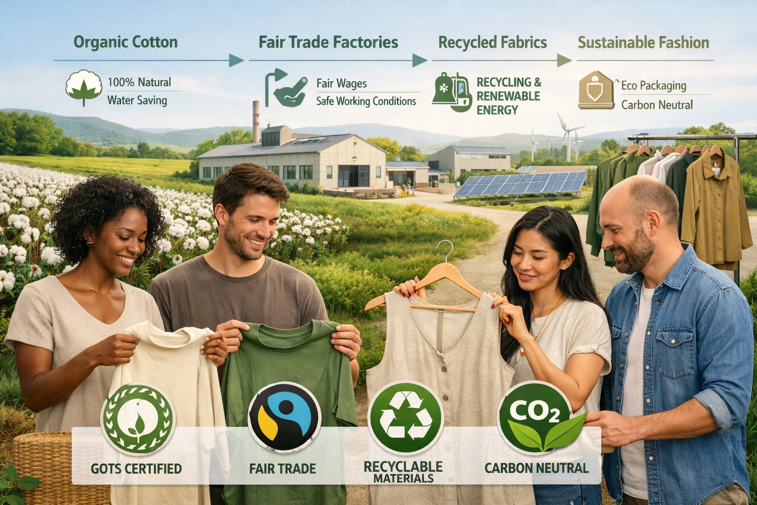 Visualización de una cadena de suministro sostenible en moda mostrando prácticas éticas y responsabilidad medioambiental