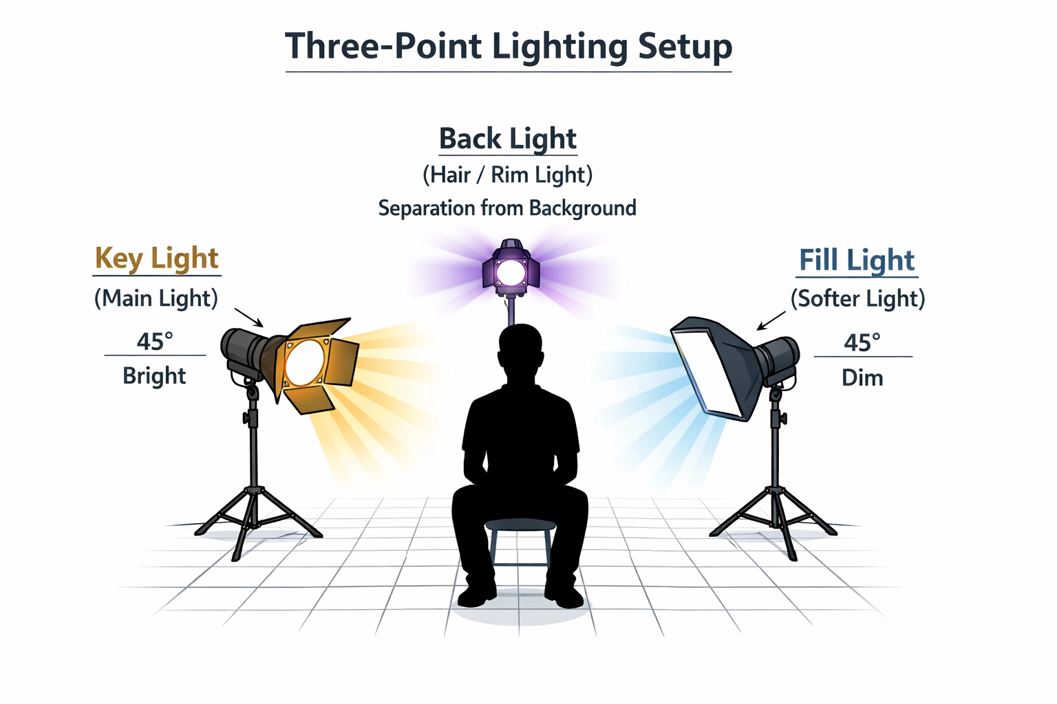 Diagrama de configuración de iluminación de tres puntos para producción de video mostrando la posición de luz principal, de relleno y de fondo