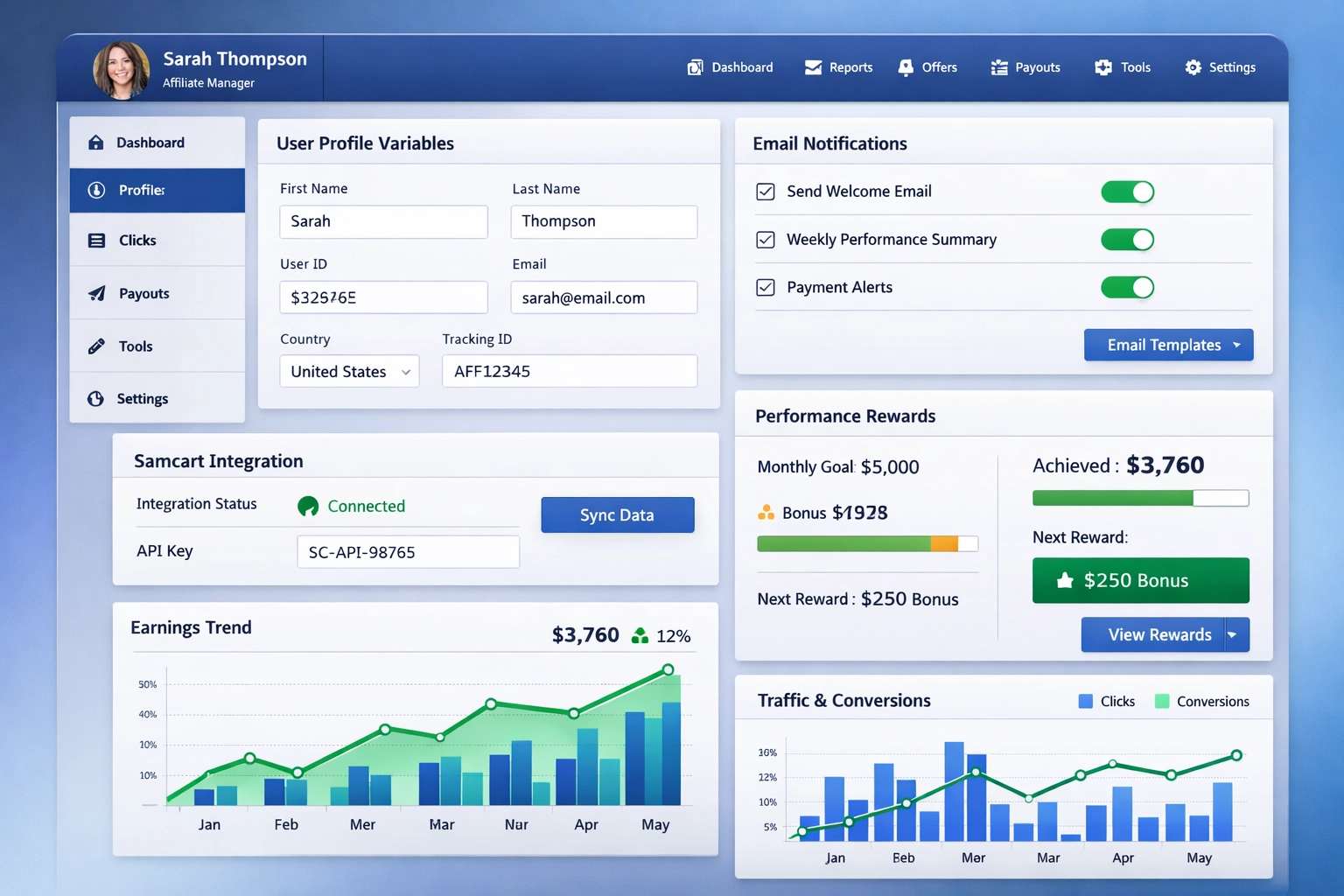 Modern affiliate software dashboard with multiple features and analytics