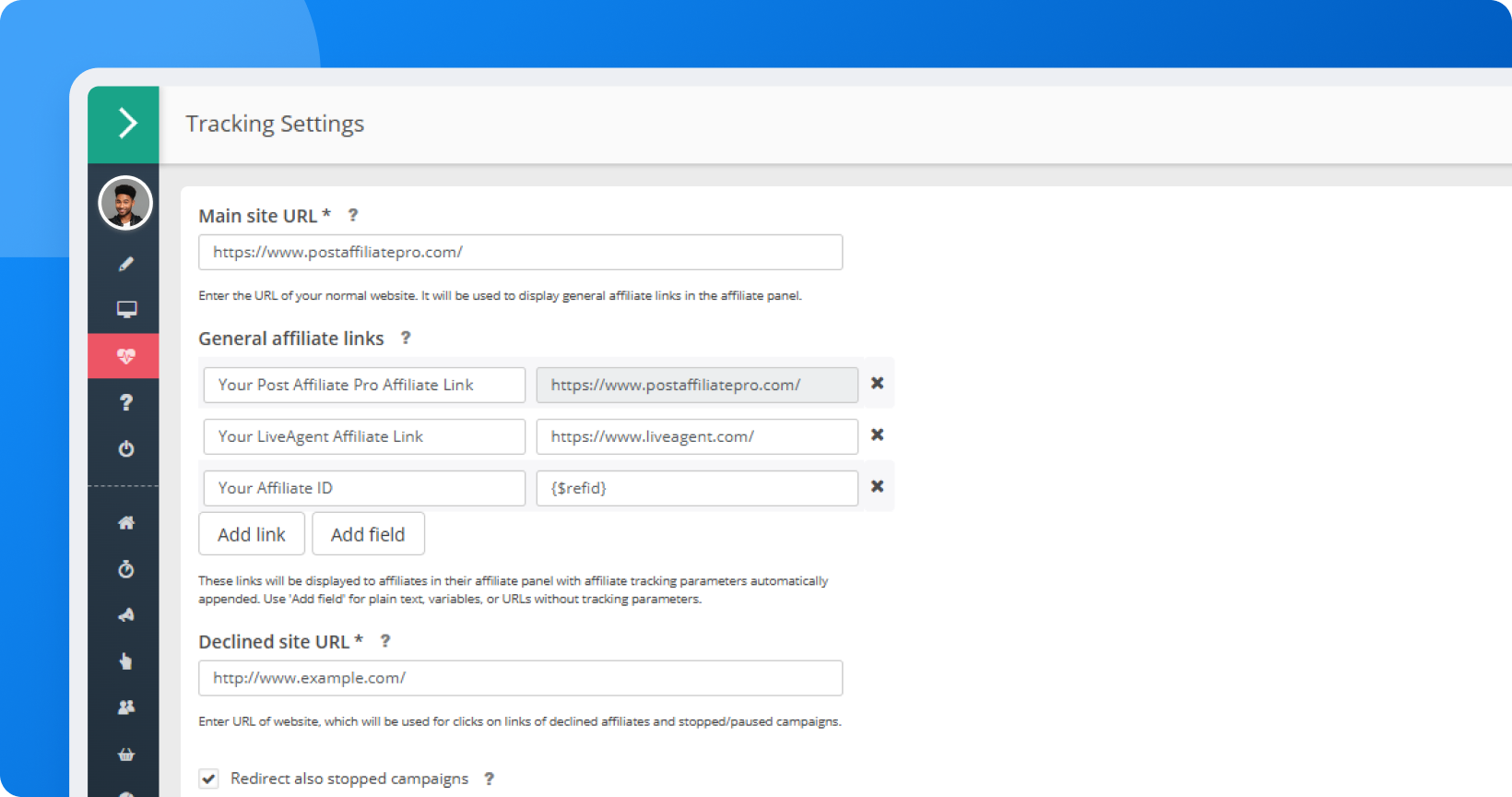 Pantalla de Configuración de Post Affiliate Pro que muestra múltiples enlaces de afiliado general para diferentes tiendas y dominios