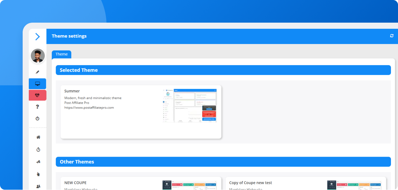 Vista previa del Tema de Verano de Post Affiliate Pro aplicado a paneles de comerciante y afiliado, con un diseño moderno en azul y elementos de interfaz renovados