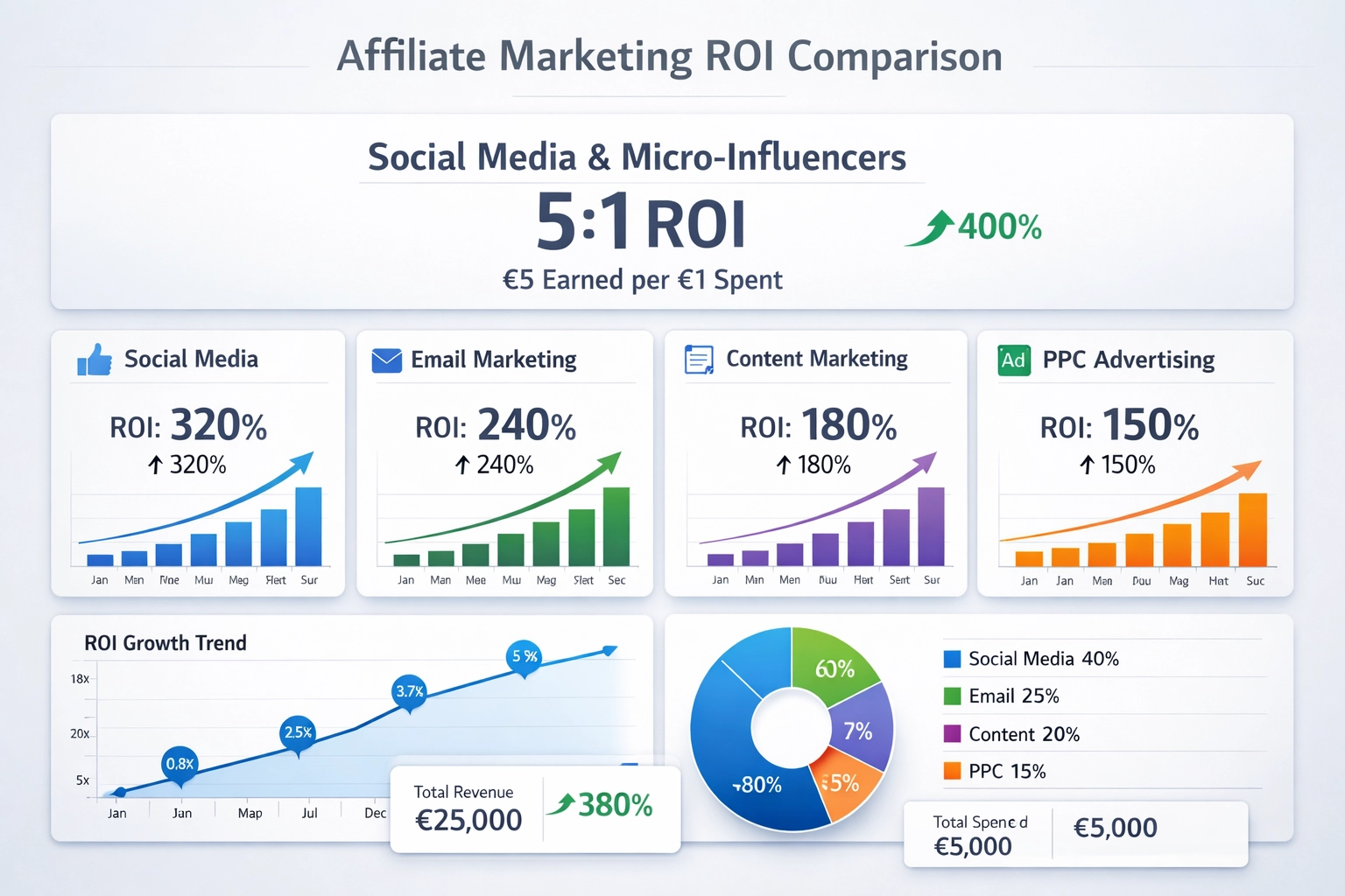Comparativa de ROI en marketing de afiliados mostrando redes sociales y microinfluencers en la cima con una proporción de 5:1