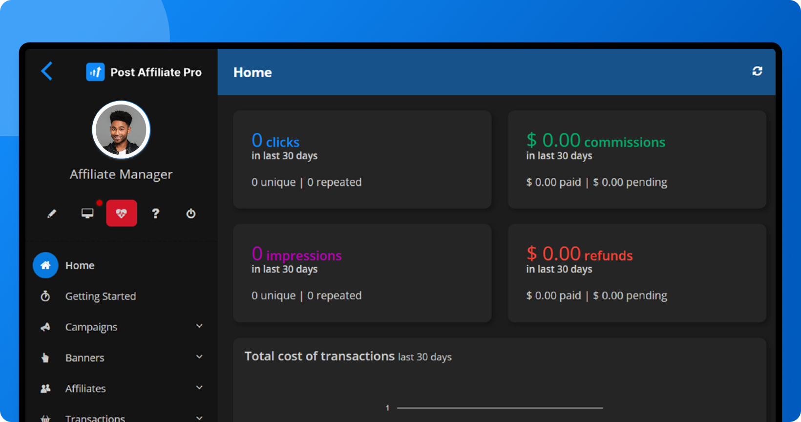 Vista previa del Tema Summer de Post Affiliate Pro en Modo Oscuro aplicado a paneles de comerciante y afiliados