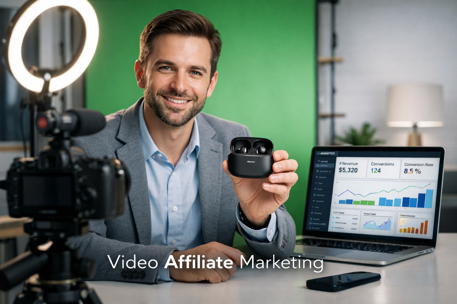 Professional video content creator filming product review for affiliate marketing