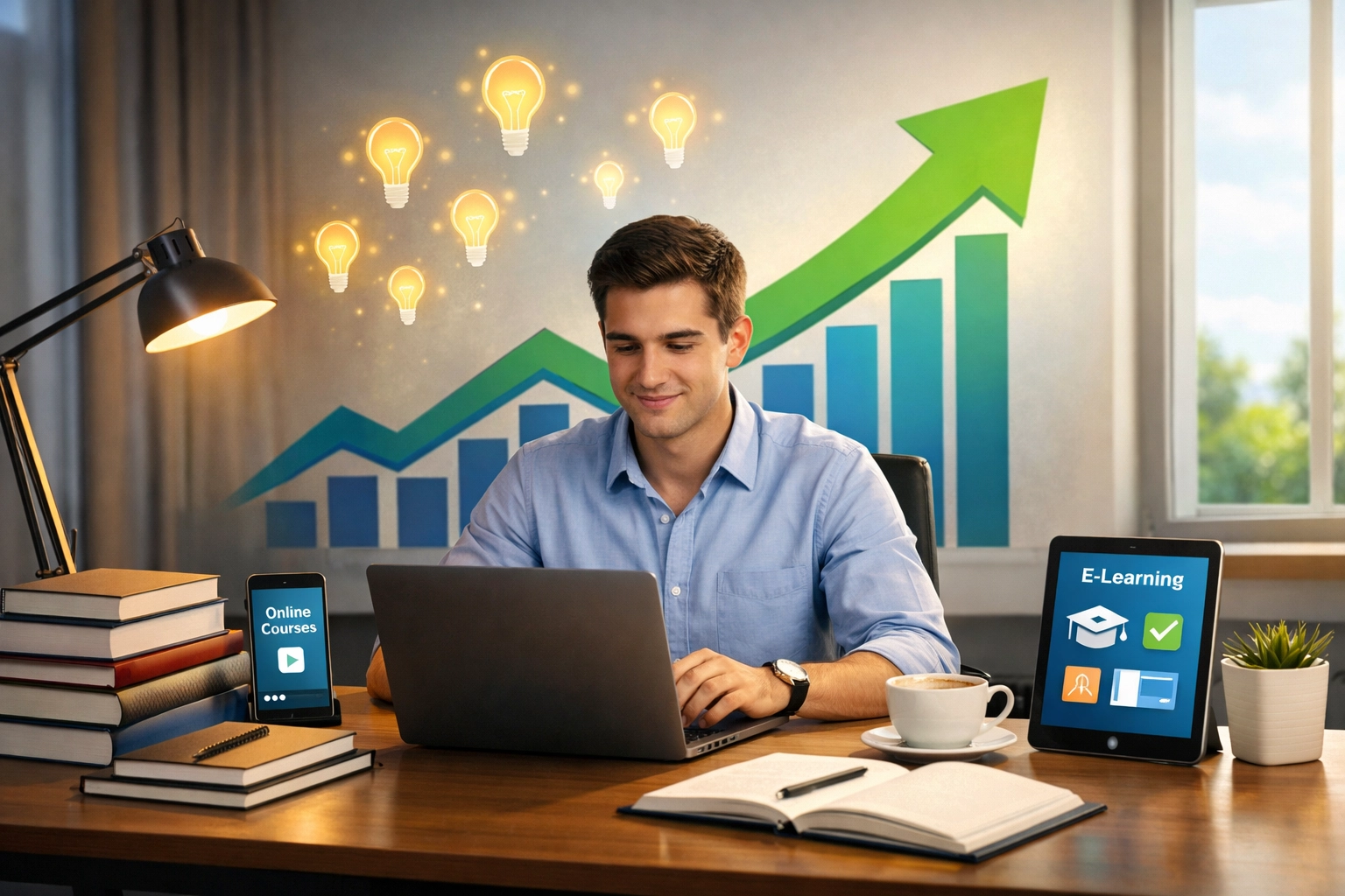 Persona profesional aprendiendo y creciendo con flechas ascendentes, iconos de bombillas y elementos tecnológicos que representan desarrollo continuo