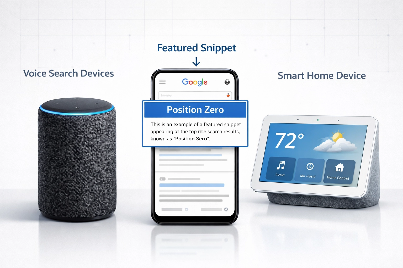 Voice search devices and featured snippets ecosystem showing smart speakers, smartphone with featured snippet, and position zero label