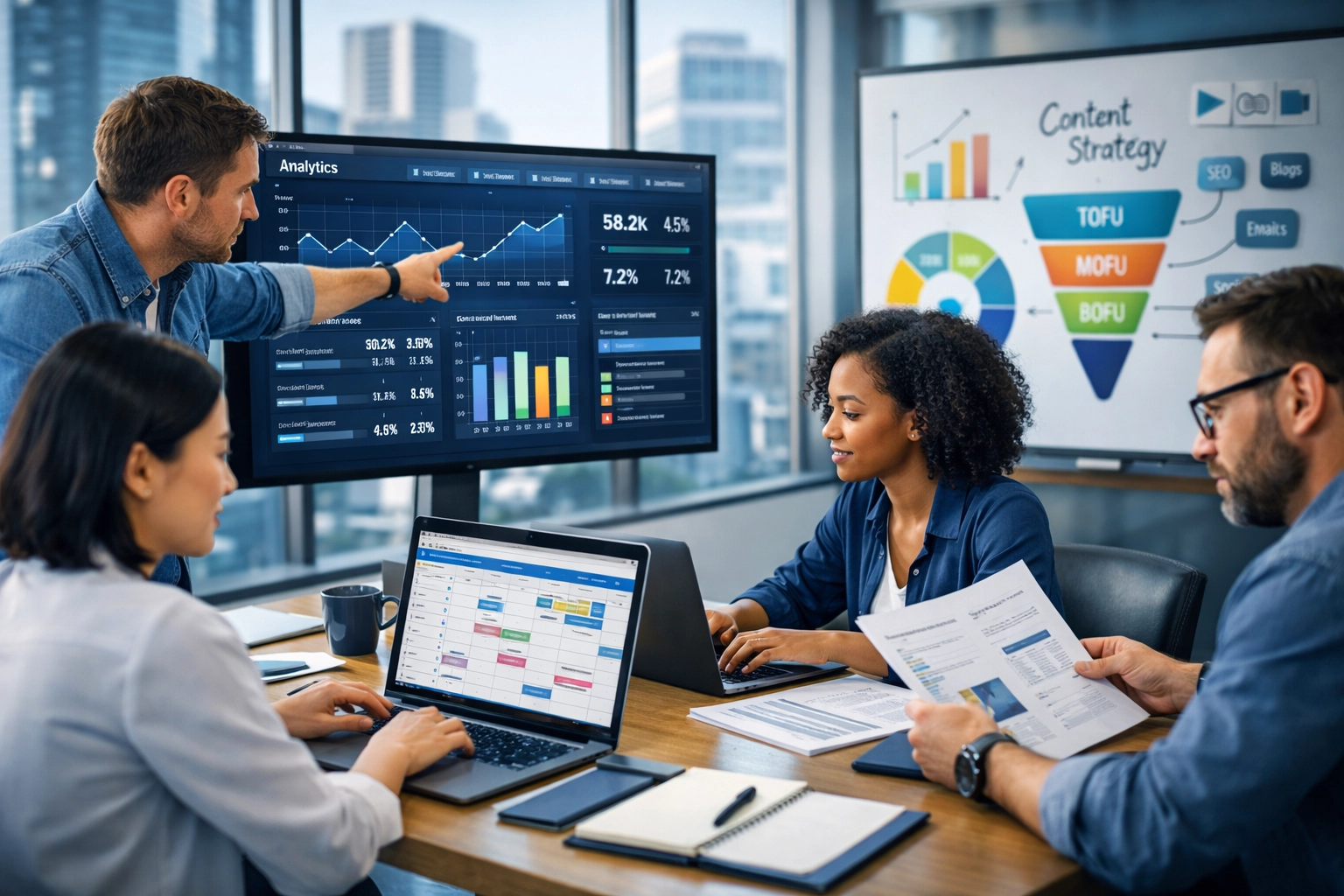 Colaboración de equipo de marketing de contenidos SaaS B2B en oficina moderna con panel de análisis