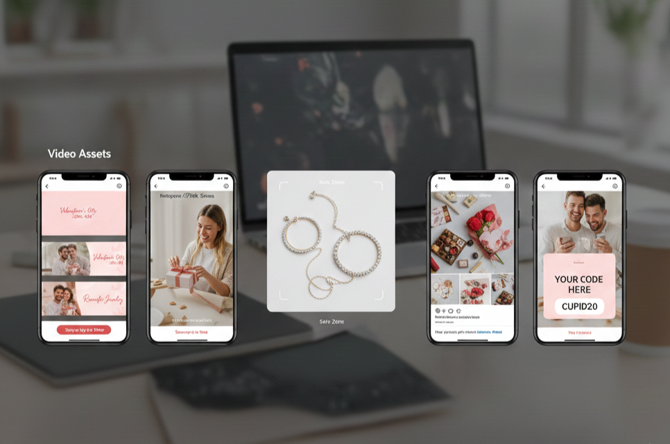 Recursos de marketing de afiliados enfocados en redes sociales mostrados en dispositivos móviles mostrando dimensiones de Instagram Stories, TikTok y publicaciones de feed con ejemplos creativos de San Valentín