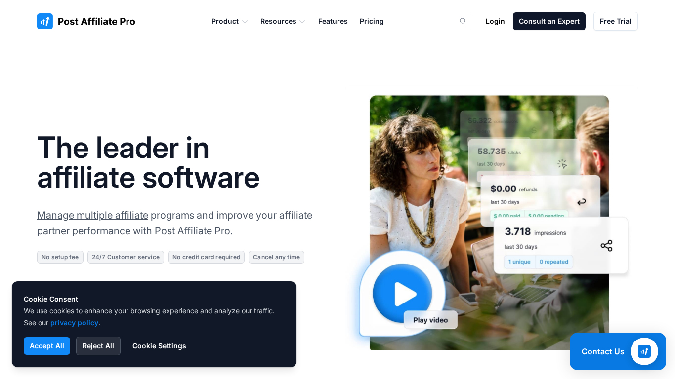 Post Affiliate Pro affiliate management platform homepage