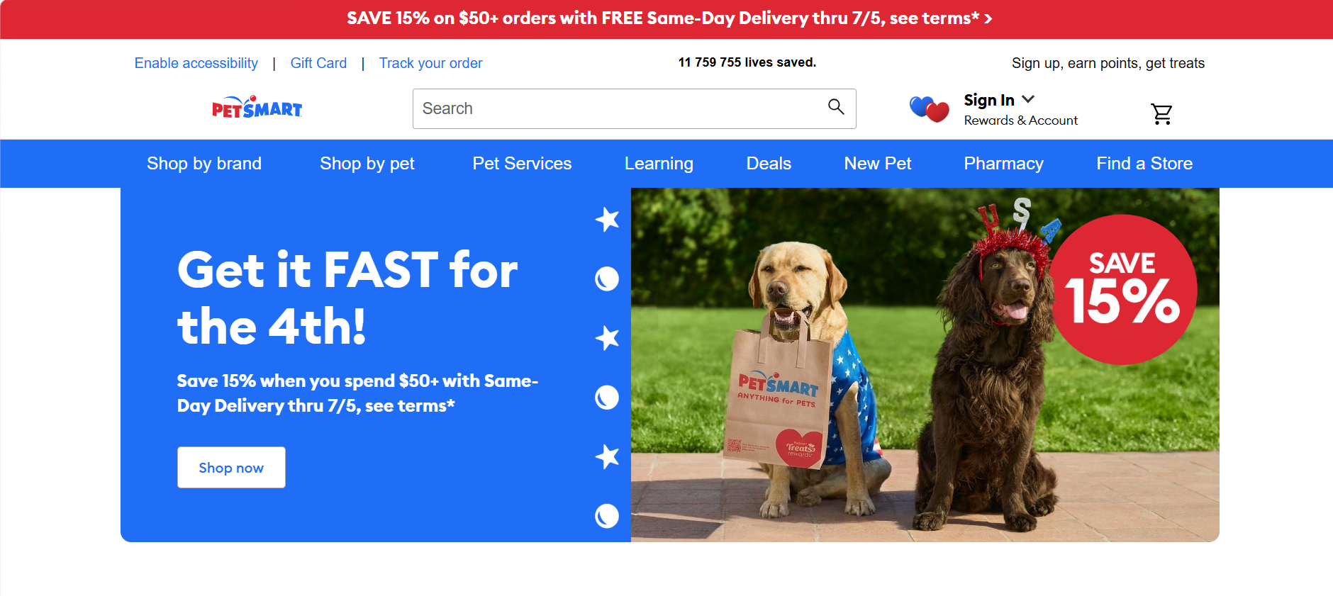 Captura de pantalla del sitio web de PetSmart
