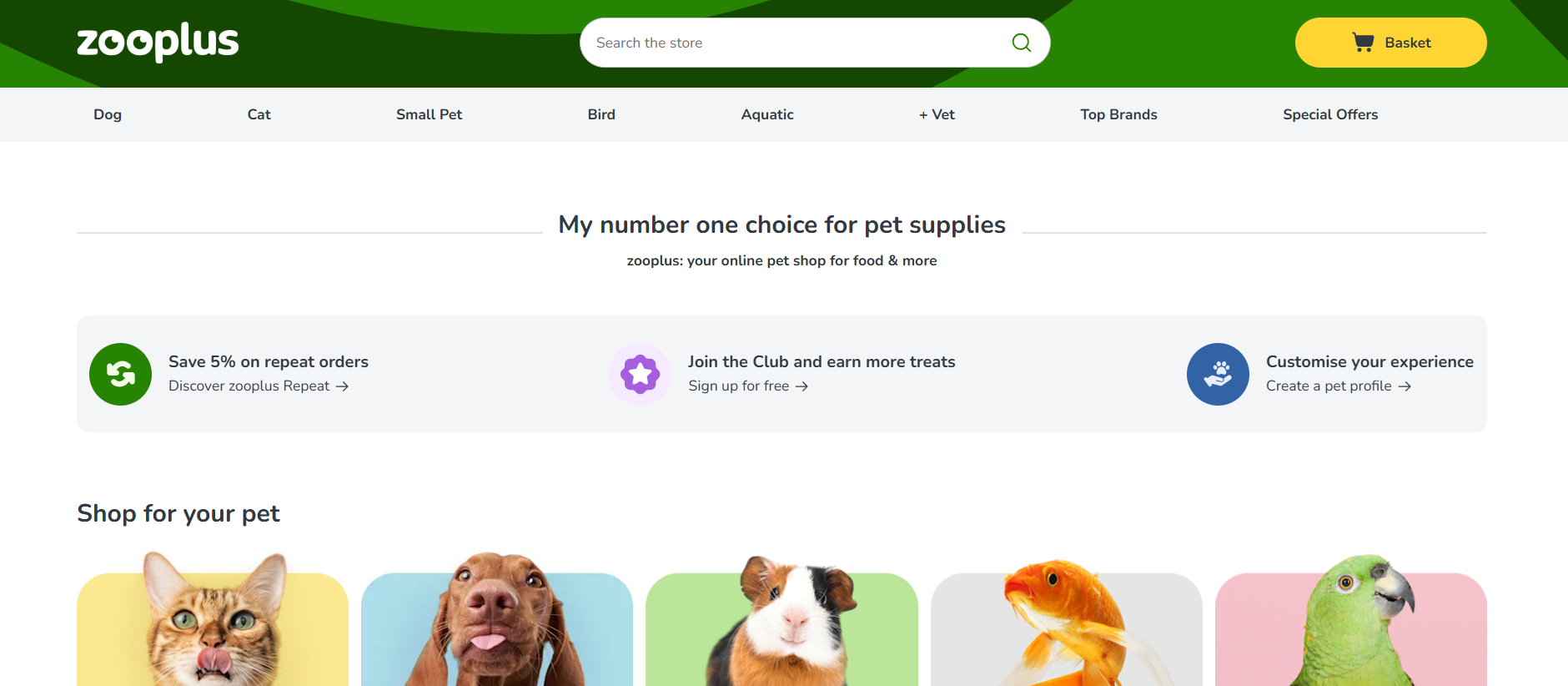 Captura de pantalla del sitio web de Zooplus