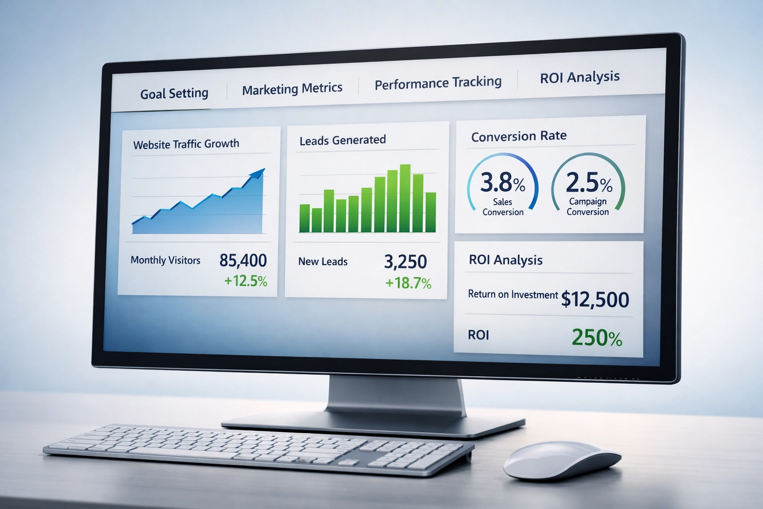 Professional marketing dashboard showing goal-setting metrics and KPIs with charts and performance indicators