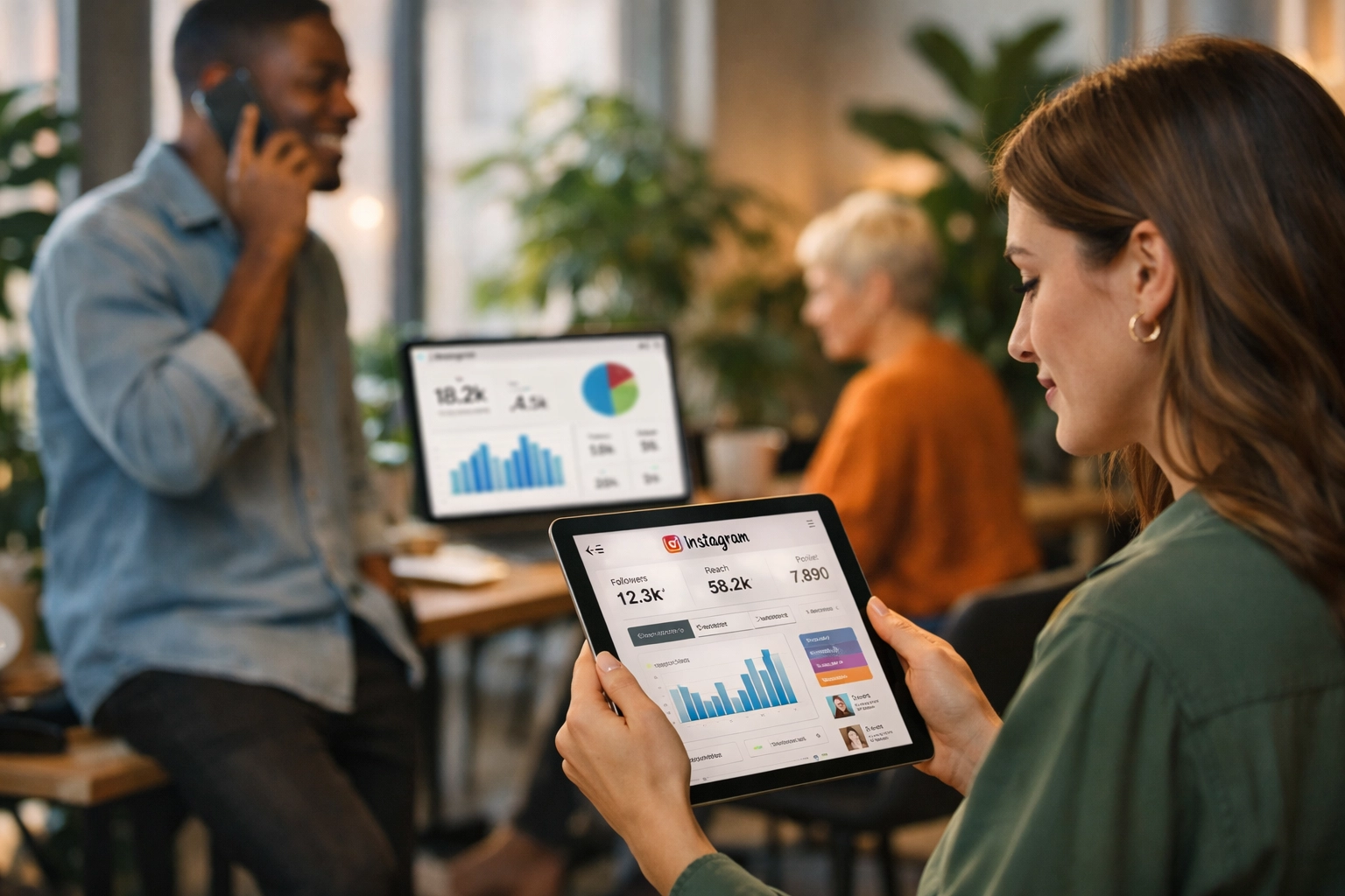 Equipo profesional de marketing en Instagram trabajando con paneles de análisis