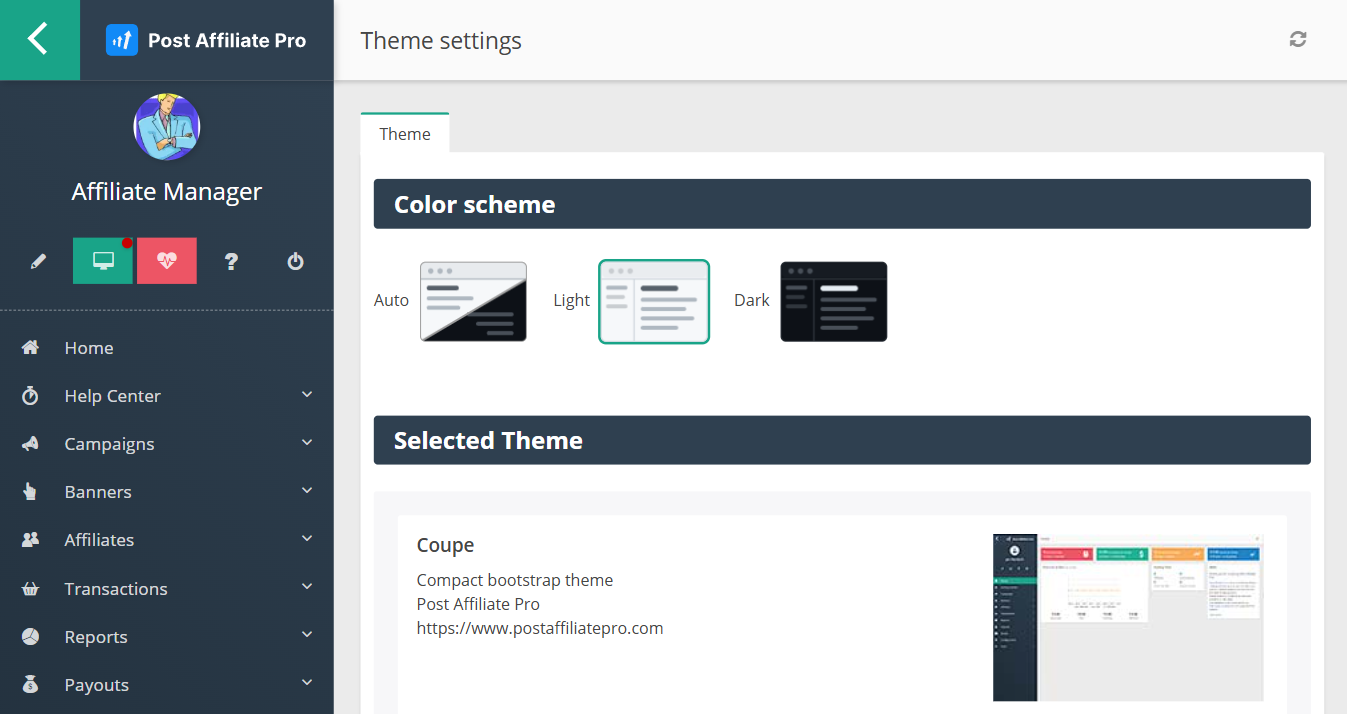 Post Affiliate Pro mostrando configuración de tema, donde se puede cambiar el esquema de color.