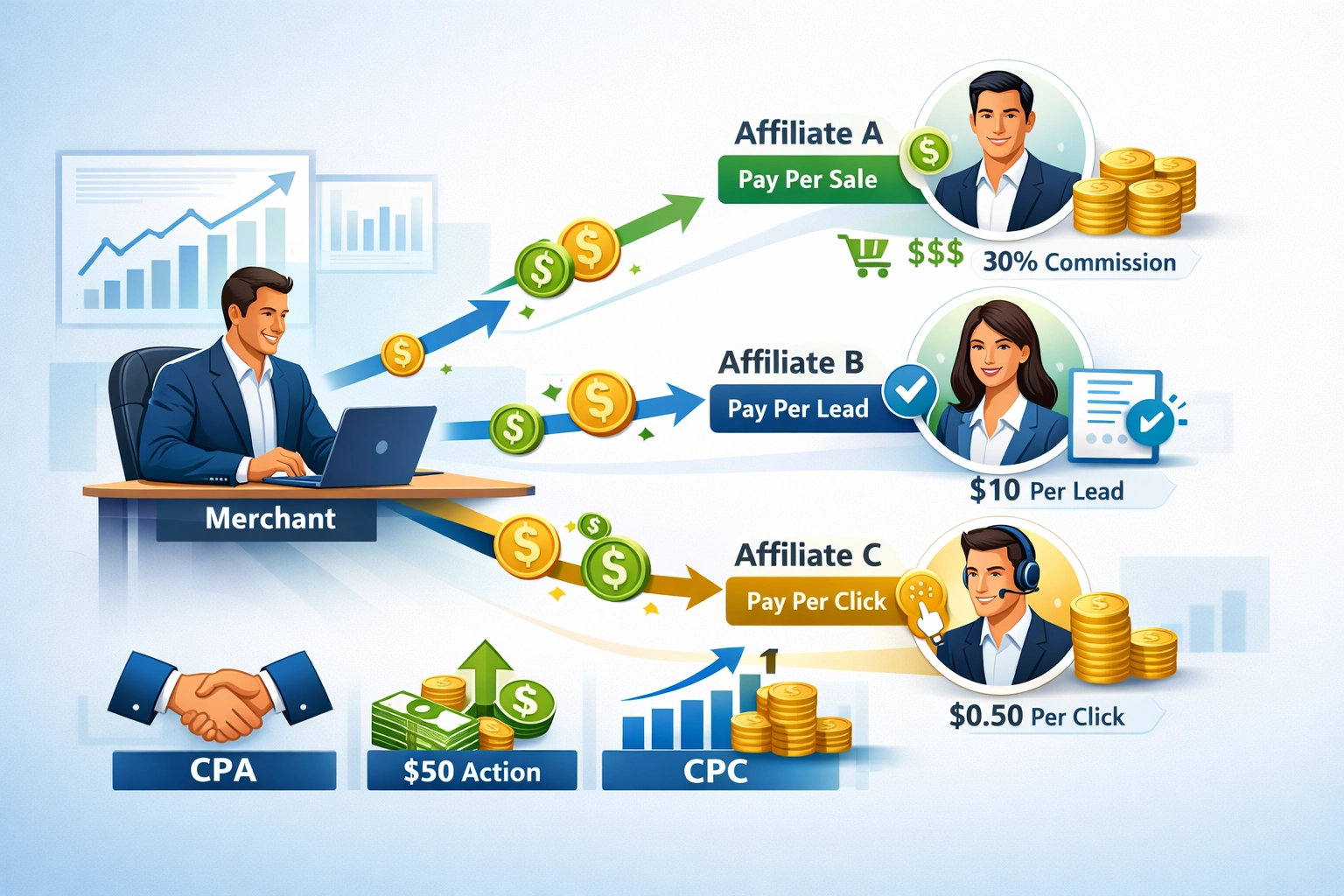 Modelos comunes de pago a afiliados: PPS, PPC, PPL